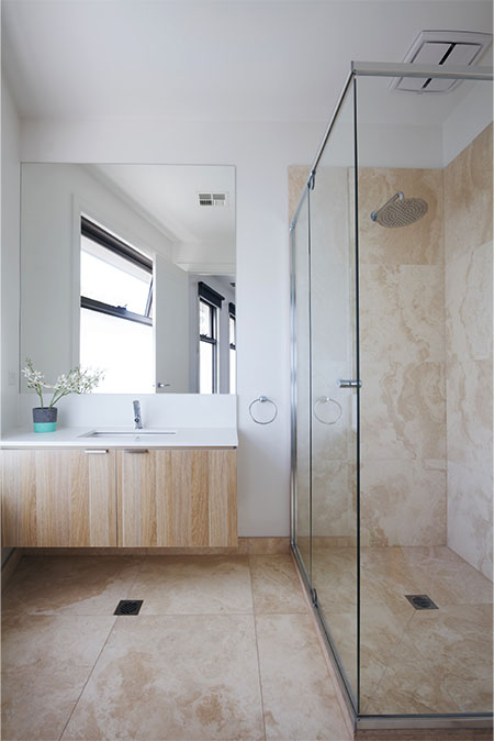 glass shower door and mirrored wall
