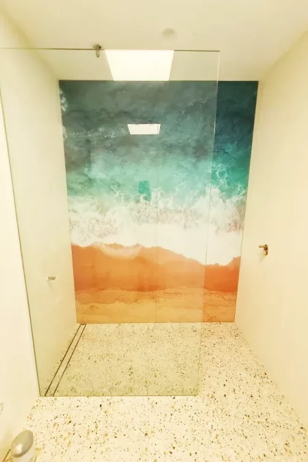 shower wall with beach digitally printed